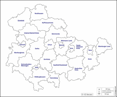 Thüringenkarte mit Landkreisen und kreisfreien Städten . Klick öffnet eine vergrößerte Ansicht.