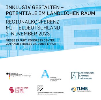 Blaues Keyvisual der Regionalkonferenz mit den Eckdaten der Veranstaltung und den Logos der Kooperationspartner  (Bild: BAK, Foto: Messe Erfurt). Klick öffnet eine vergößerte Ansicht.