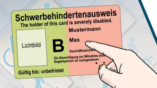 Titelblatt der Broschüre zum Schwerbehindertenausweis: "Der Schwerbehindertenausweis - Was ist das?" mit einer grafischen Abbildung des Ausweises, TLMB-Logo und dem Logo für Leichte Sprache