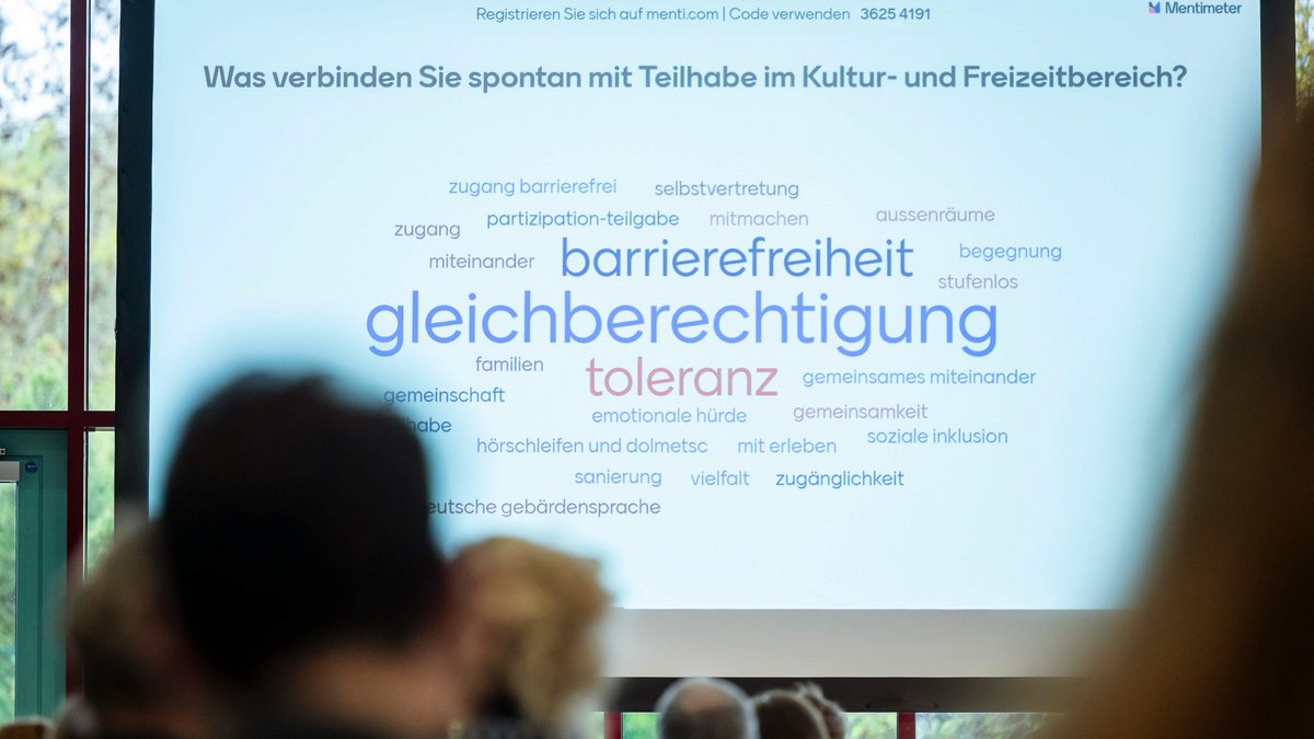 Ausgabe Menti-Meter auf großer LED-Leinwand, im Zentrum die Worte Barrierefreiheit, Gleichberechtigung und Toleranz