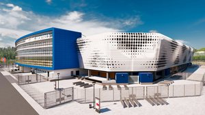 Außenansicht (Planungsbild) des neuen Ernst Abbe Stadions Jena. Klick öffnet eine vergrößerte Ansicht.