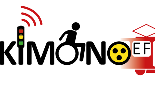 Projektlogo zeigt das Wort KIMONO mit einer Ampel, einem Rollifahrer und einer Straßenbahn